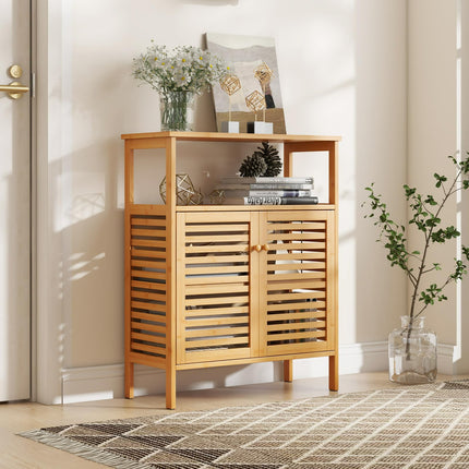 Dreamade Storage Cabinet, Bamboo Bathroom Floor Cabinet with Double Louvered Doors