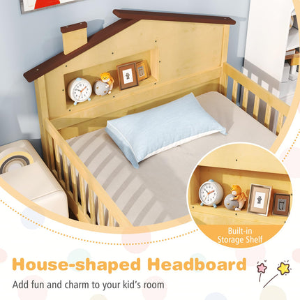 Dreamade Twin Bed Frames for Kids, Solid Wood Montessori Bed with House-Shaped Headboard & Built-in Storage Shelf