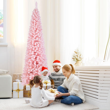 Dreamade 8ft Pink Slim Pencil Christmas Tree, Artificial Unlit Skinny Xmas Full Tree with 1000 Branch Tips