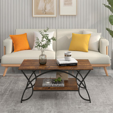 Dreamade 2-Tier Rectangular Coffee Table, Modern Chic Cocktail Table with Open Storage Shelf, White/Gold