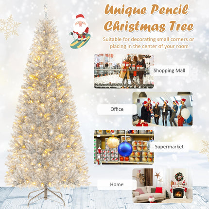 Dreamade 6ft Pre-lit Silver Pencil Christmas Tree, Artificial Tinsel Electroplated Tree, Decor for Home