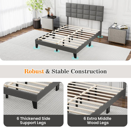 Dreamade Full Size Platform Bed, Linen Fabric Upholstered Bed Frame with Adjustable Headboard & Wooden Slat Support