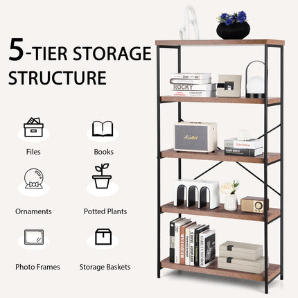 Dreamade Industrial 5-Tier Wood Bookshelf - 63’’ Tall Open Storage Organizer Shelves with Anti-Tipping Device and Foot Pads