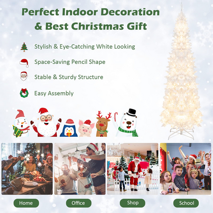 Dreamade 7ft White Pre-Lit Pencil Christmas Tree, Artificial Hinged Slim Tree with 800 Tips, 300 Warm White Lights - DreamadeUS