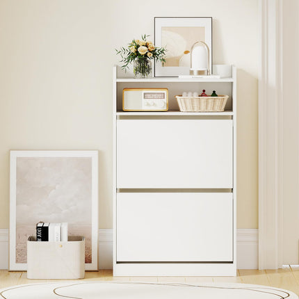 Dreamade Shoe Cabinet with 2 Flip Drawers Freestanding Narrow Shoe Organizer Cabinet