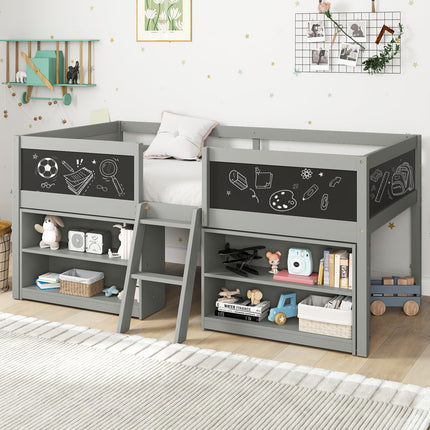 Dreamade Low Loft Bed Twin Size, Wooden Loft Bed with Ladder & Blackboard