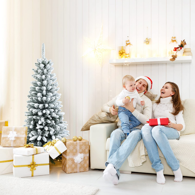 Dreamade Snow Flocked Pencil Christmas Tree, Hinged Artificial Slim Xmas Tree - DreamadeUS