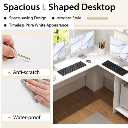 Dreamade L Shaped Computer Desk, 51" Large Corner Desk with 2 Cable Holes & 2 Storage Shelves, White