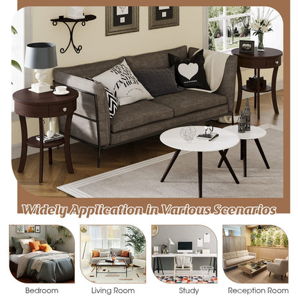 Dreamade Round End Table with Drawer, 2-Tier Wood Side Table w/Open Shelf