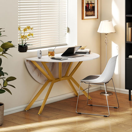 Dreamade Folding Dining Table for 4-6 People 47" Round Drop Leaf Table with Metal Frame