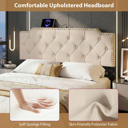 Dreamade Headboard for Queen and Full Size Bed | Rivet Tufted Upholstered Head Board w/ 2 AC Outlets