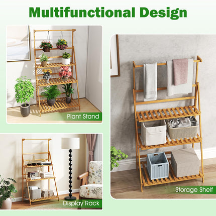 Dreamade Plant Stand Indoor Outdoor - Bamboo 3-Tier Hanging Tall Ladder Flower Pot Display Organizer Rack