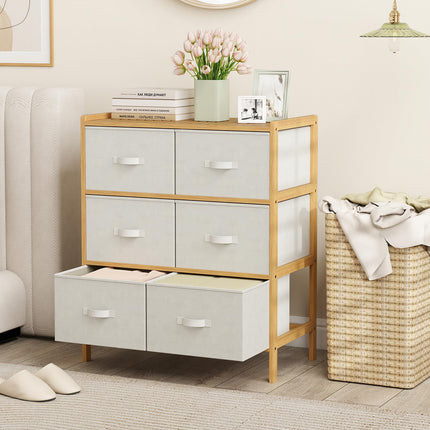 Dreamade White Dresser for Bedroom Bamboo 6 Fabric Drawers Storage Tower with Top Shelf