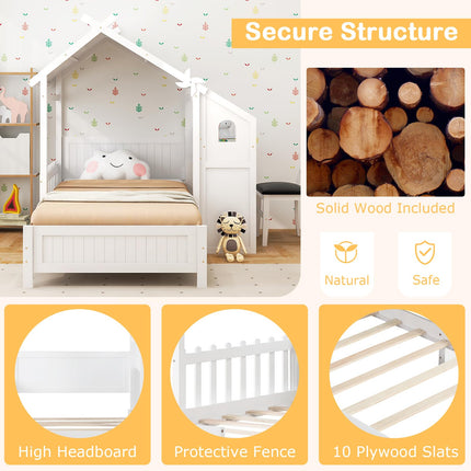 Dreamade Twin House Bed with Desk & Chair, Wood Kids Playhouse Bed with 2 Drawers