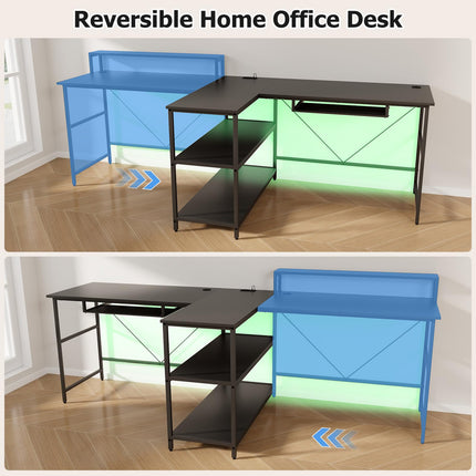 Dreamade 94.5” 2 Person Desk with LED Lights, Long PC Study Desk with Storage Shelves, Power Outlets
