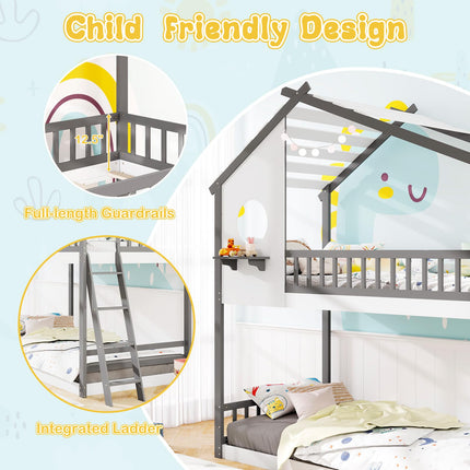Dreamade Solid Wood Floor Bunk Bed with Ladder and Full-Length Guardrails
