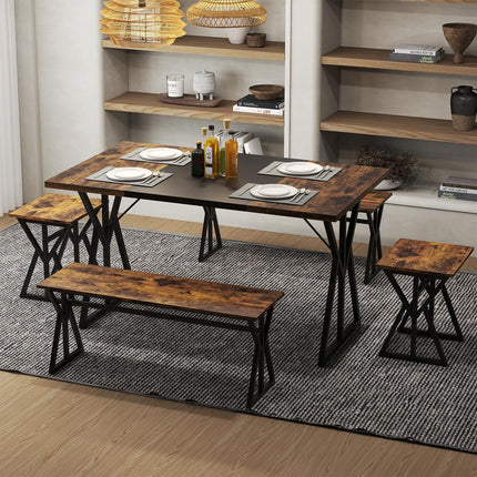 Dreamade 55" Kitchen Table with 2 Benches & 2 Stools with X-Shaped Metal Frame