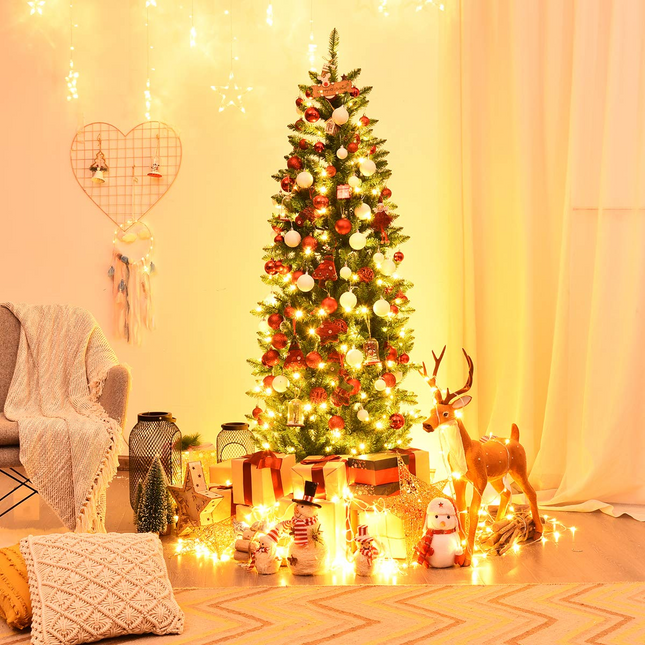 Dreamade 6ft Pre-lit Artificial Christmas Tree, Hinged Fir Pencil Christmas Tree with 250 LED Lights - DreamadeUS