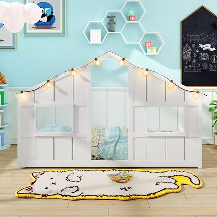 Dreamade Twin Kids House Bed with Light Bulbs Wooden Montessori Floor Bed Frame with Roof & Windows