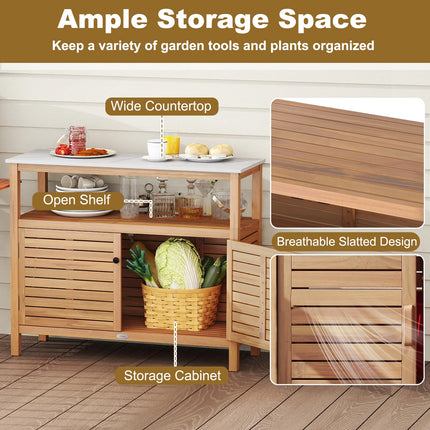 Dreamade Outdoor Potting Bench Acacia Wood Large Planting Workstation with 2-Door Storage Cabinet