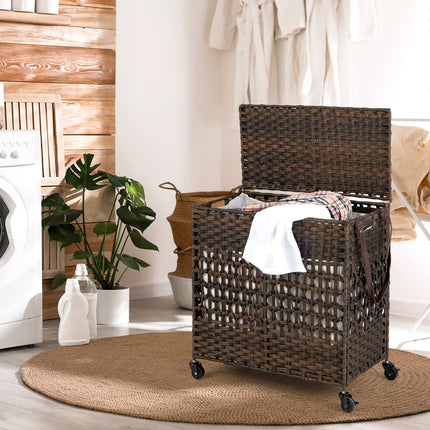 Dreamade Laundry Hamper with Wheels and Lid, 33 Gal (125L) Wicker Laundry Basket, 2 Removable Liner Bags