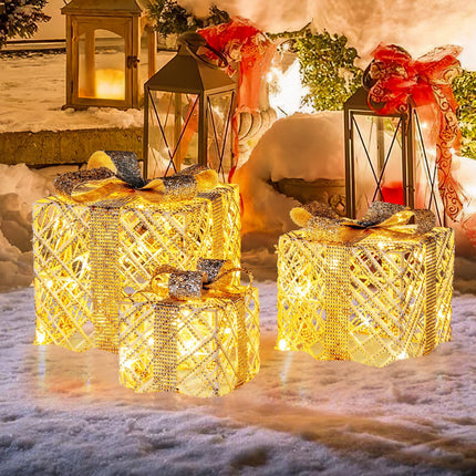Dreamade Set of 3 Christmas Lighted Gift Boxes, 90 LED Light up Present Boxes with Bows