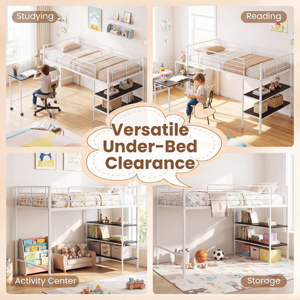 Dreamade Low Loft Twin Size Bed with Desk & Bookshelf