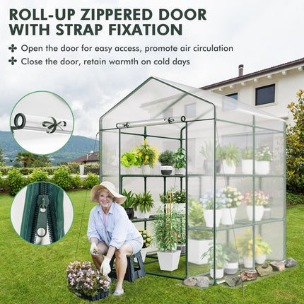 Dreamade Walk-in Greenhouse w/ 3 Tiers 4 Shelves, 4 Ground Stakes & Ropes, PVC Cover