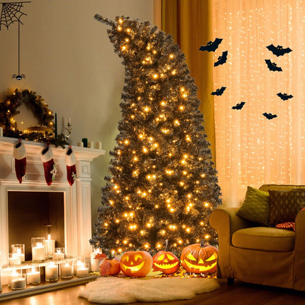 Dreamade 7 FT Artificial Halloween Tree, Pre-Lit Black Christmas Tree with Bendable Top Section