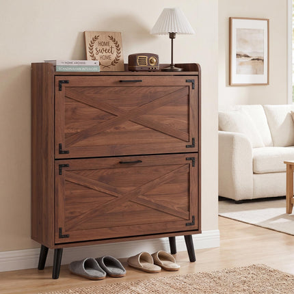 Dreamade Freestanding Slim Farmhouse Shoe Storage Cabinet with 2 Flip Drawers