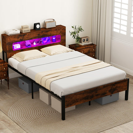 Dreamade Full Size Bed Frame with LED Lights & Charging Station