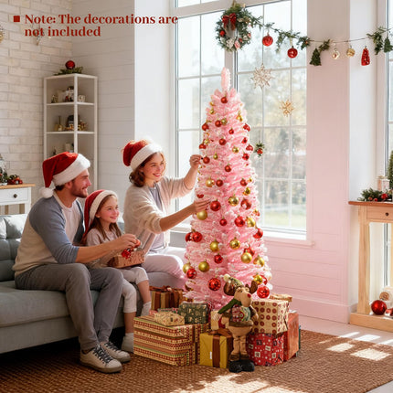 Dreamade 5ft / 6ft Pink Slim Pencil Christmas Tree | Snow Flocked Skinny Xmas Full Tree