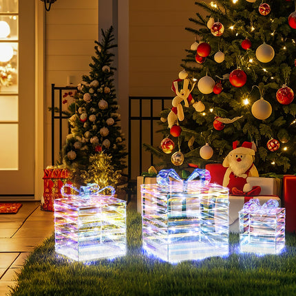 Dreamade 3 Pieces Christmas Lighted Gift Boxes, 90 LED Light up Present Boxes with Bows, Zip Ties & Ground Stakes