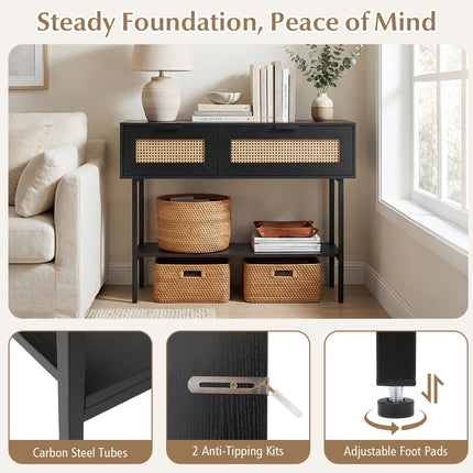 Dreamade Rattan Console Table Boho Entryway Table with 2 Storage Cabinets