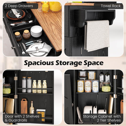 Dreamade Kitchen Island Cart with Hidden Tilt Out Trash Can Cabinet, Drop Leaf, 2 Drawers, Towel Rack