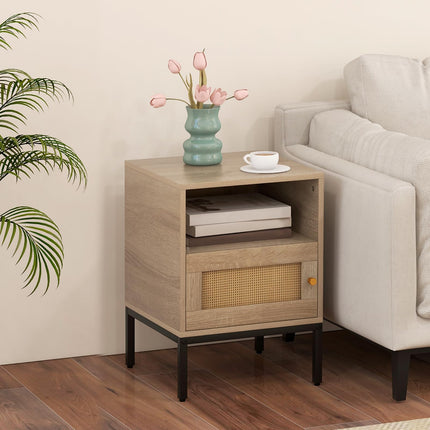 Dreamade Rattan Nightstand, Boho Night Stand with Open Storage Shelf & Rattan Decorative Door