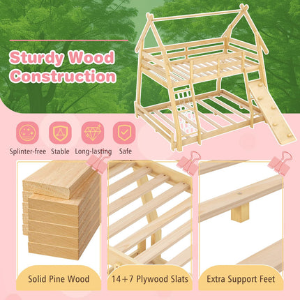 Dreamade Twin Over Queen Bunk Bed, Wood House Bunk Bed for Kids with Climbing Nets and Ramp