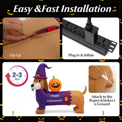 DREAMADE 5FT Halloween Inflatable Dachshund Dog with Pumpkin
