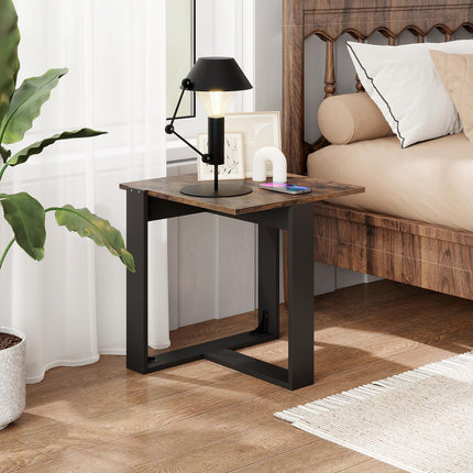 Dreamade Rustic Brown Square Industrial Side Table w/T-Shape Metal Frame
