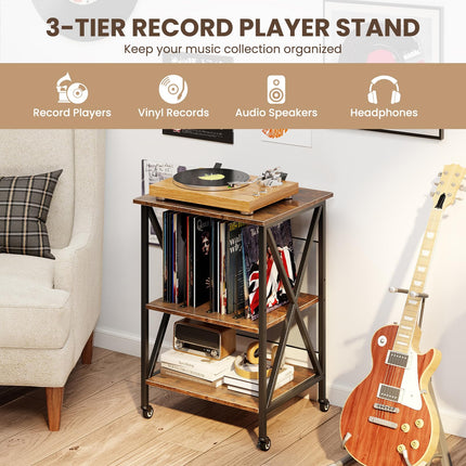 Dreamade Record Player Stand with Charging Station Turntable Stand with Record Storage & 4 Rolling Wheels