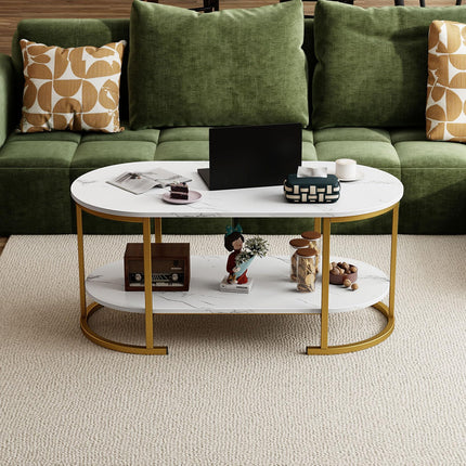 Dreamade 2-Tier Coffee Table Oval Center Table with Wood Grain Top & Open Storage Shelf