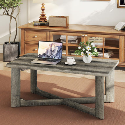 Dreamade Farmhouse Wood Coffee Table Rectangle Center Table with X-Shaped Base & Rubber Wood Frame