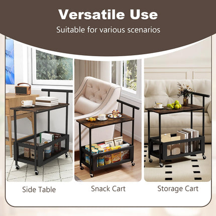 Dreamade Rolling End Table with Handle 2-Tier Sofa Side Table with Open Shelf & Mesh Basket