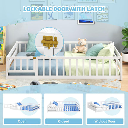 Dreamade Floor Bed with Door & Fence Kids Wood Montessori Beds with Safety Guardrails