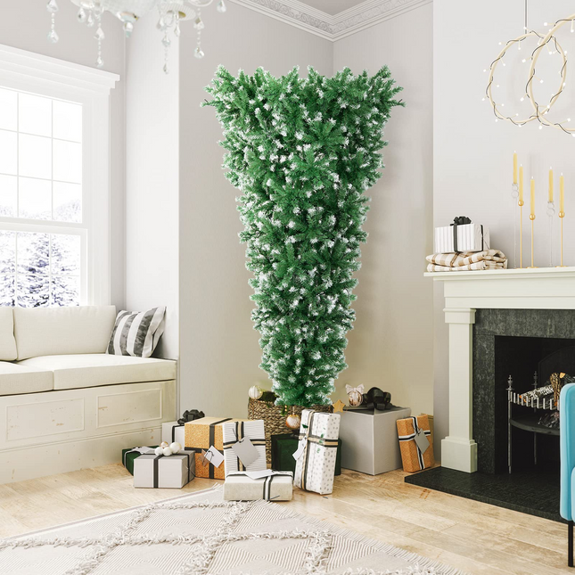 Dreamade 7.5ft Pre-lit Upside Down Christmas Tree, Hinged Inverted Artificial Xmas Tree W/ 1100 Snowy Branch Tips - DreamadeUS