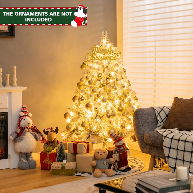 Dreamade 4.5 FT Pre-Lit Snow Flocked Christmas Tree, Artificial Hinged Xmas Tree W/ 150 LED Lights - DreamadeUS