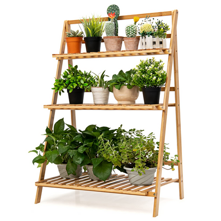Dreamade 3 Tier Folding Storage Shelf, Bamboo Ladder Plant Stand