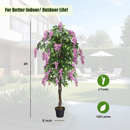 DREAMADE Artificial Wisteria Tree 6ft, Purple Red Wisteria w/Pot, Flowers