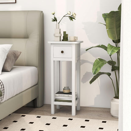 Dreamade Narrow End Table with Drawer, Tall Acacia Wood Side Table with Bottom Shelf, Modern Bedside Tables