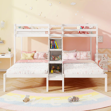 Dreamade Twin Over Twin & Twin Bunk Bed, Triple Bunk Beds with 4-Step Storage Stair, Wooden 3 Bunk Beds for Kids Teens